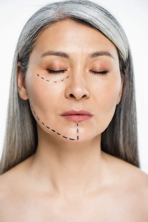 attractive nude asian woman with closed eyes and plastic surgery correction mark on face isolated on grey