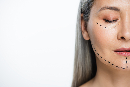 half view of face of asian woman with plastic surgery lines isolated on grey