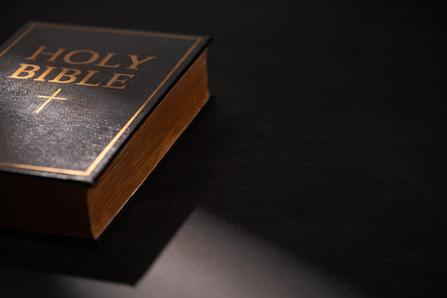 holy bible on black dark background with sunlight