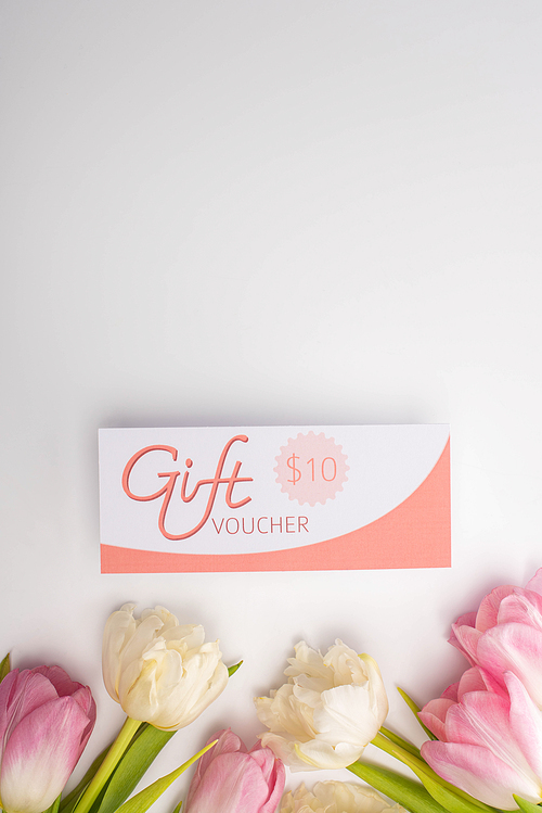 Top view of tulips and gift voucher with 10 dollars sign on white surface with copy space