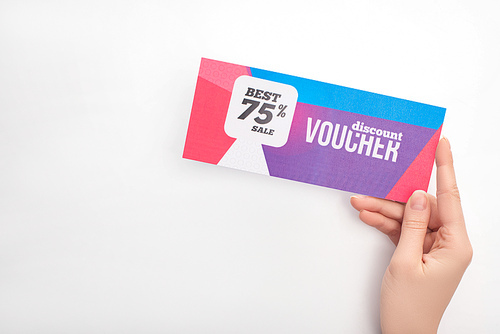 Cropped view of woman holding discount voucher with 75 percent sale on white background