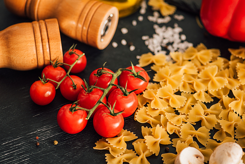 raw Italian farfalle with tomatoes and salt on black background