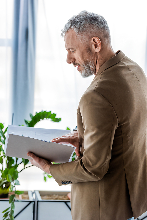 side view of bearded businessman looking at documents in folder