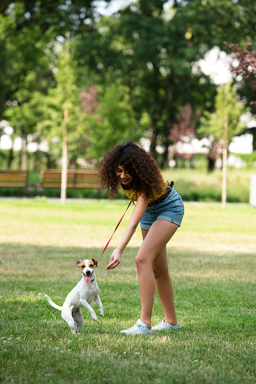 Selective focus of young woman keeping jack russell terrier dog on leash