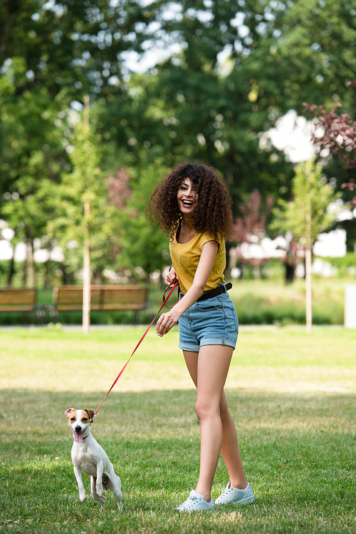Selective focus of young woman looking away and keeping dog on leash