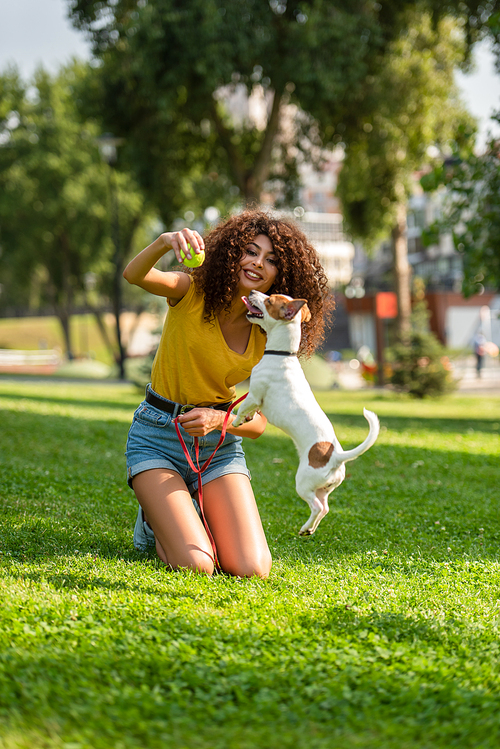 Selective focus of young woman holding tennis ball and looking at jumping dog