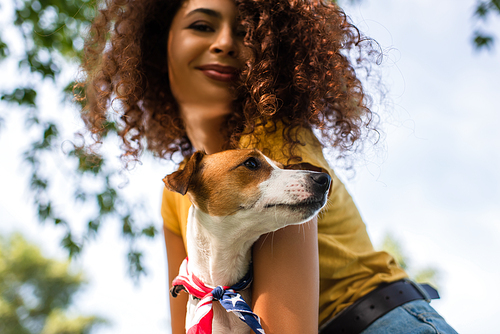 low angle view of joyful, curly woman holding jack russell terrier dog