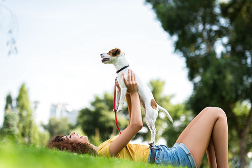 surface level view of excited woman in summer outfit holding jack russell terrier dog while lying on grass in park