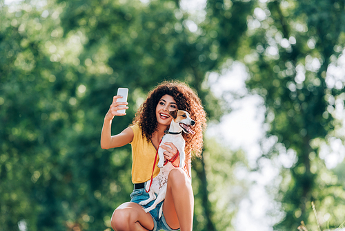 joyful woman in summer outfit taking selfie on smartphone with jack russell terrier dog in park