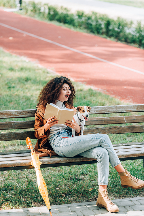 excited woman in autumn outfit holding book while sitting on bench with jack russell terrier dog