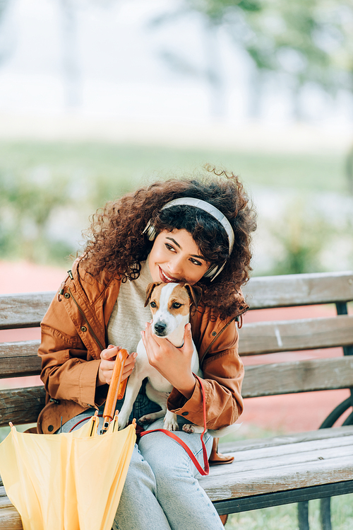 curly woman in wireless headphones hugging jack russell terrier dog while sitting on bench with yellow umbrella