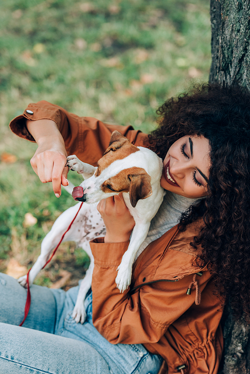 Selective focus of woman in autumn outfit playing with jack russell terrier in park