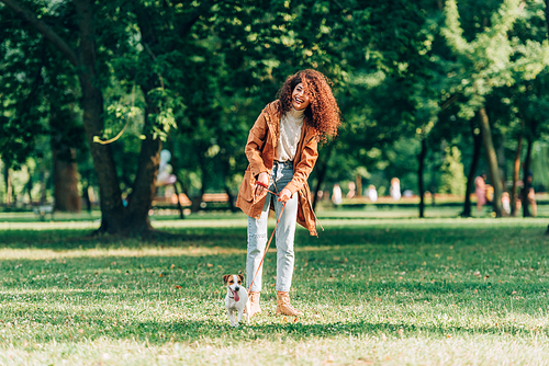 Selective focus of curly woman in autumn outfit holding leash while strolling with jack russell terrier in park