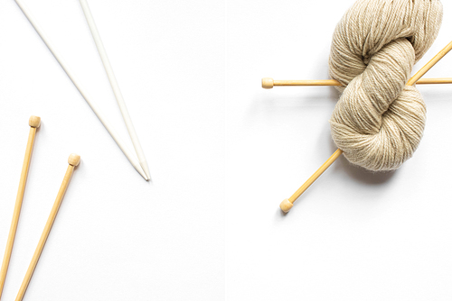 collage of beige wool yarn and knitting needles on white background