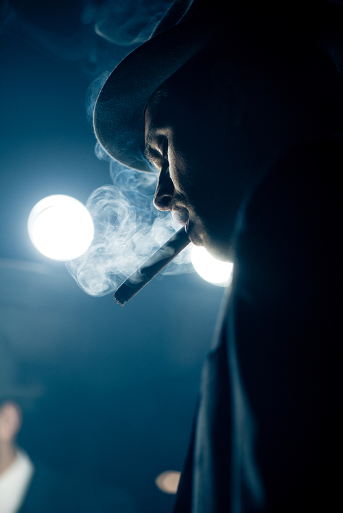 Low angle view of mafioso smoking cigar on dark