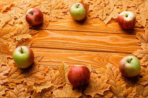 ripe apples and autumnal foliage on wooden background