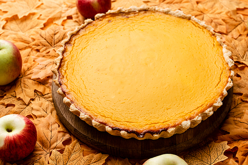 thanksgiving pumpkin pie with apples and autumnal foliage on wooden background