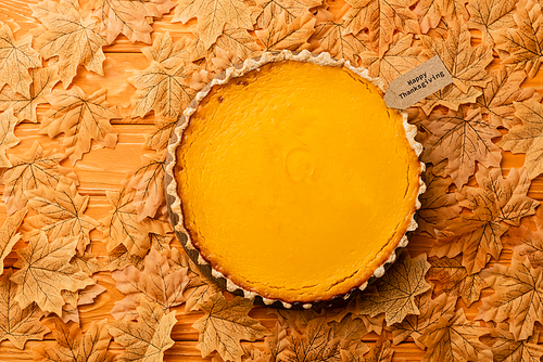 top view of thanksgiving pumpkin pie with autumnal foliage on wooden background