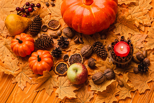 burning candle with pumpkins and autumnal decoration on golden foliage