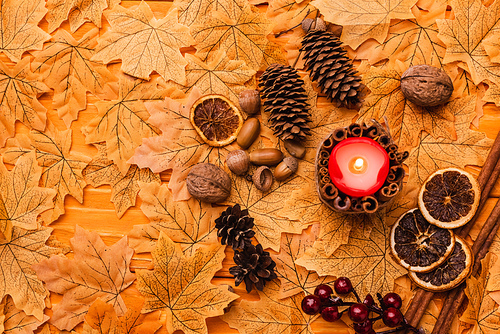 top view of burning candle with autumnal brown decoration on golden foliage