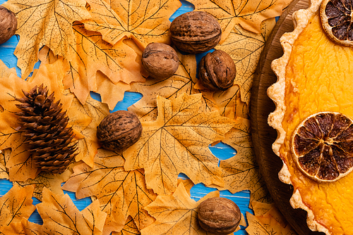 top view of pumpkin pie on autumnal foliage with walnuts and cone