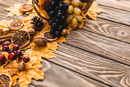 autumnal harvest scattered from basket on foliage on brown wooden background