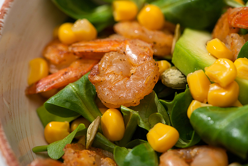 close up view of fresh green salad with pumpkin seeds, corn, shrimps and avocado