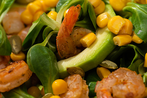 close up view of fresh green salad with pumpkin seeds, corn, shrimps and avocado