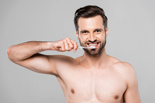 happy and muscular man brushing teeth isolated on grey