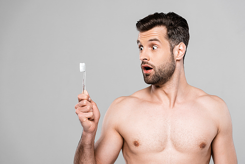 surprised and muscular man looking at toothbrush isolated on grey