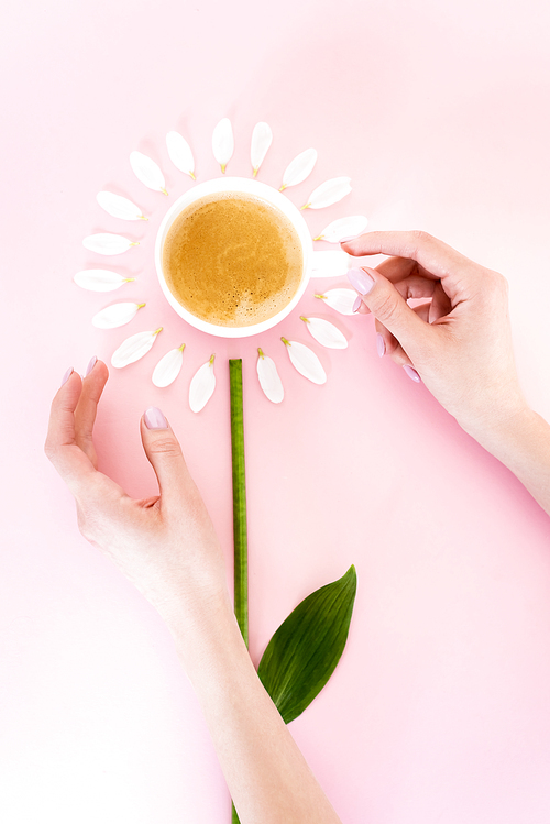 top view of woman touching cup of coffee near white flower petals on pink, mothers day concept