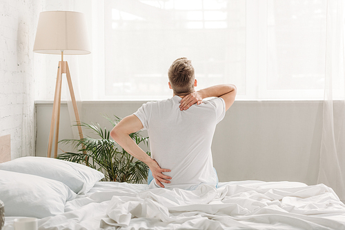 back view of man sitting on white bedding and suffering from back pain