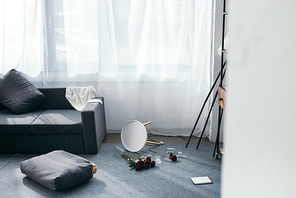 grey sofa, flowers and pillows in robbed apartment