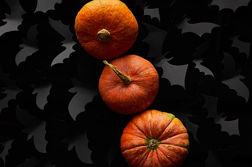 top view of pumpkin and paper bats on black background, Halloween decoration