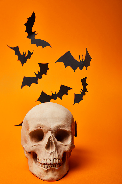 paper bats with skull on orange background, Halloween decoration