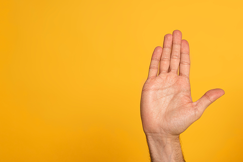 Cropped view of male hand showing cyrillic letter from sign language isolated on yellow