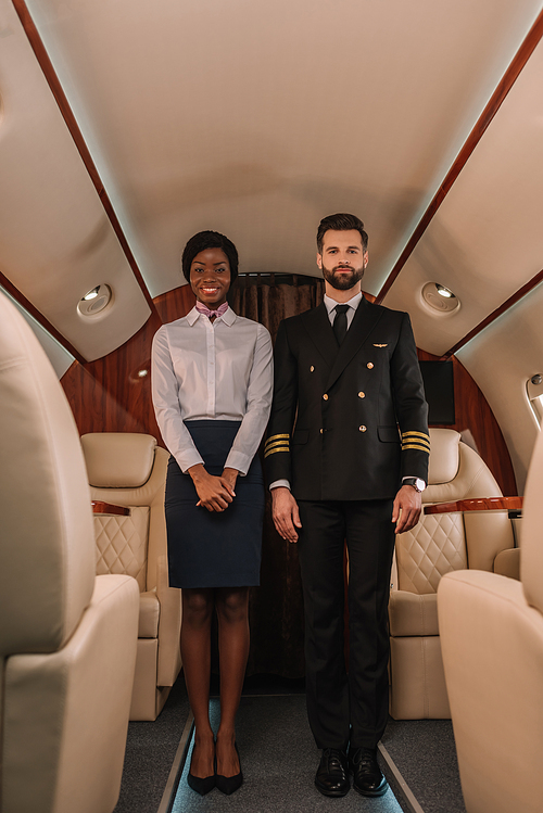 handsome, confident pilot and smiling african american stewardess  in private plane