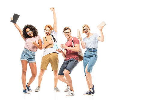 Multiethnic students with books gesturing on white background