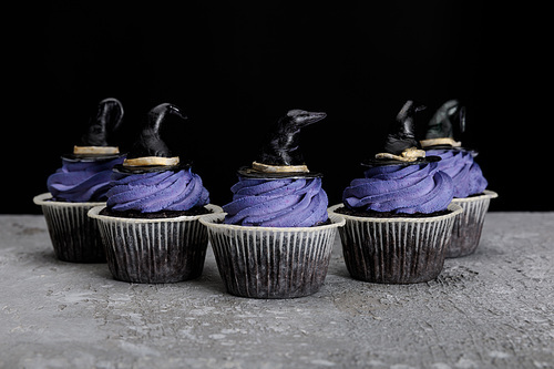 Halloween cupcakes with blue cream and decorative witch hats on concrete grey surface isolated on black