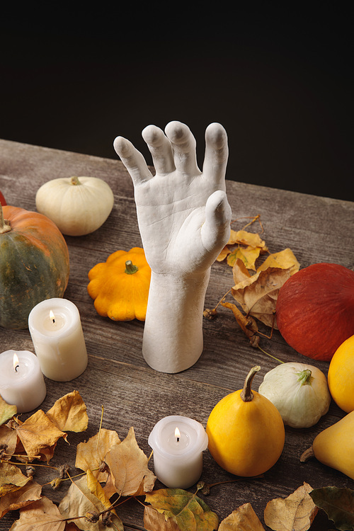dry foliage, burning candles, ripe pumpkins and decorative hand on wooden rustic table isolated on black