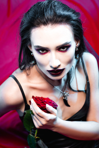 high angle view of pale woman with blood on face  and holding rose on red