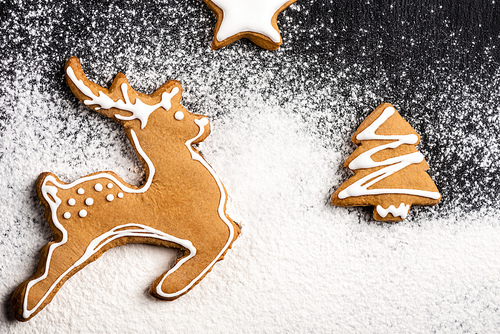 Top view of cookies in shape of deer, pine and star with sugar powder