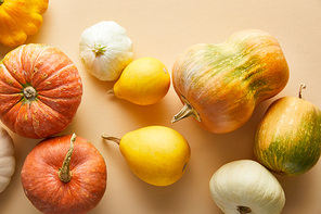 top view of ripe whole colorful pumpkins on beige background