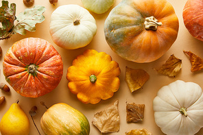 top view of ripe whole pumpkins with dry golden foliage on beige background