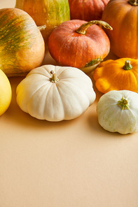 ripe whole colorful pumpkins on beige background