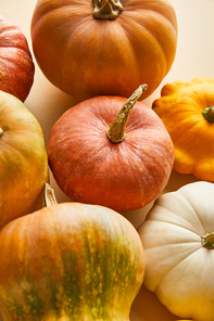 ripe whole colorful pumpkins on beige background