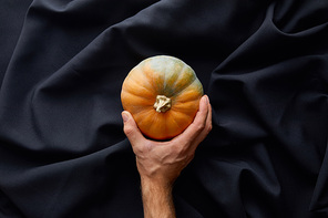 cropped view of man holding ripe whole colorful pumpkin on black cloth