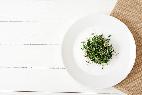 top view of fresh microgreen on plate on beige napkin on white wooden surface