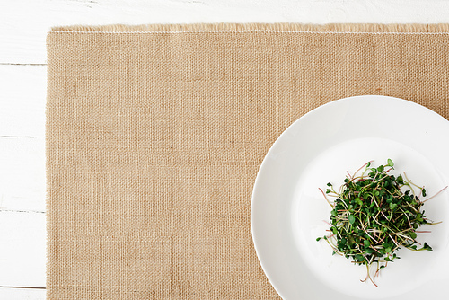 top view of fresh microgreen on plate on beige napkin on white wooden surface