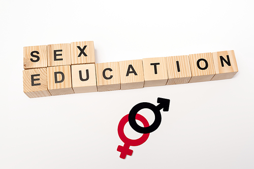 top view of cubes with sex education lettering and gender symbols isolated on white